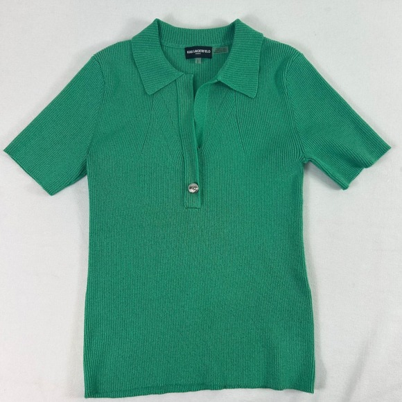 Karl Lagerfeld Paris Ribbed Knit Polo Top Short Sleeve Metallic Green L - Picture 4 of 11